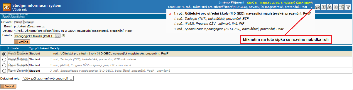  Výběr z přidělených rolí